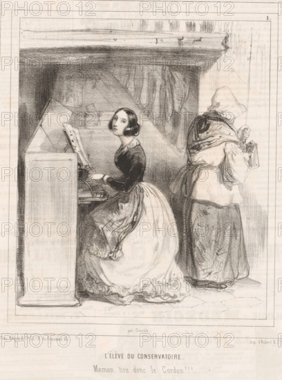 Conservatory student with her mother, L'élève du conservatoire, Parisian women, Les femmes de Paris, cartoon, print, Series number, 1, 30, printmaker: Alfred André Géniole, printer (person): Aubert & Cie., Paris, publisher: Bauger, 1842, Alfred André Géniole, Aubert & Cie., Bauger, printmaker, printer (person), publisher, paper, lithography, height 362 mm x width 236 mm, Print used for: Le Charivari, 1842., mother with son(s) and daughter(s) (mother-love), keyboard instruments, mother and daughter(s) (family group) (with NUMBER of daughters), student life - BB - female student, A pencil or charcoal drawing of two women in a simple interior with heavy ceiling beams, one seated at a keyboard instrument facing left with hands on the keys and sheet music on a stand, wearing a dark bodice and a light full skirt and looking toward the viewer, the other standing to the right with her back mostly turned, wearing a bonnet, shawl, and long skirt while holding a small object near a cord that hang...
