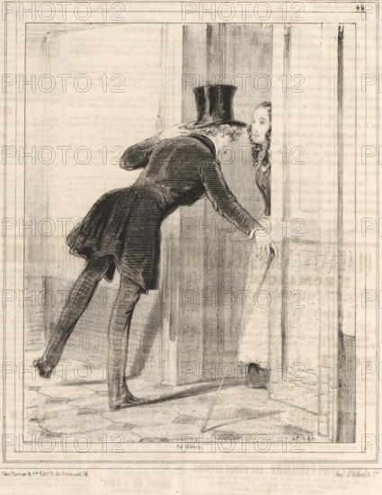 Servant maid opens the door for a young man, N'y a pas moyen!, Women from Notre-Dame-de-Lorette in Paris, Les Lorettes, cartoon, print, Series number, 49, 79, printmaker: Paul Gavarni, Paris, printer (person): Aubert & Cie., publisher: Pannier & Cie., 1843, Paul Gavarni, Aubert & Cie., Pannier & Cie., printmaker, printer (person), publisher, paper, lithography, height 362 mm x width 236 mm, Print used for: Le Charivari, May 8, 1843., maid, house personnel, opening the door, A charcoal or pencil sketch of a man leaning forward into a doorway toward a woman who is visible only from the shoulders and head; the man wears a tall top hat, a long fitted coat with tails, patterned stockings, and shoes, and he supports himself with one hand on the doorframe while the other reaches toward the woman and holds a slender cane that rests on the floor; the woman has long wavy hair and a calm facial expression as she looks at the man from the partially open door; the scene is rendered with soft shadin...