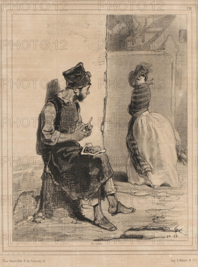 Worker watches passing woman while eating, Plus que ça de giberne!, Women from Notre-Dame-de-Lorette in Paris, Les Lorettes, cartoon, print, Series number, 70, 79, printmaker: Paul Gavarni, Paris, printer (person): Aubert & Cie., publisher: Pannier & Cie., 1843, printer (person), paper, lithography, height 362 mm x width 236 mm, Print used for: Le Charivari, September 23, 1843., street, working class, laborers, eating, peeping, voyeur, A sepia-toned sketch shows two figures inside a framed rectangular space; on the left a seated woman wearing a layered outfit including a headscarf and apron holds a small object and a cloth, her profile turned toward the right and her bare feet visible, while on the right a standing woman faces away wearing a fitted bodice and a full skirt with her hair up; the background includes a vertical partition between the figures and faint architectural or interior details above the standing figure, with visible pencil or charcoal shading and crosshatching throu...