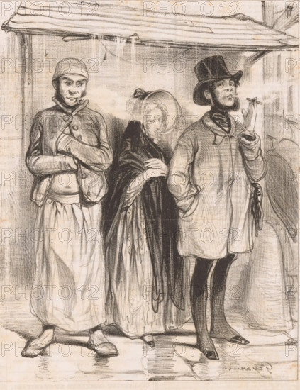 Woman standing between two smoking men, Entre deux feux, Martyrs, Les Martyrs, cartoon, print, Series number, 1, 8, printmaker: Paul Gavarni, printer (person): Aubert & Cie., Paris, 1841, printer (person), paper, lithography, height 361 mm x width 243 mm, Print used for: Le Charivari, April 15, 1841., tobacco, rain, A monochrome drawing shows three standing figures beneath an overhanging roof. On the left is a person wearing a cap and a buttoned coat with folded arms, a pipe in the mouth, a skirt-like lower garment, and shoes. In the center is a figure wrapped in a dark cloak with a bonnet and a faintly visible face turned slightly downward, hands held near the chest. On the right is a taller figure in a top hat and long coat, one hand in a pocket and the other holding a thin object near the mouth, wearing fitted trousers and pointed shoes. The background includes vertical and horizontal shading suggesting wooden boards and the ground beneath their feet has textured shading and indicat...