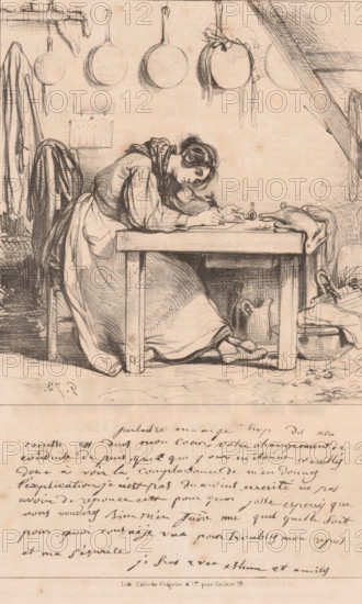 Woman writes a letter in the kitchen, Peut aitre en-ai je trop dit, Letters, La boîte aux lettres, cartoon, print, Series number, 34, stamp: 'Timbre Royal, 3c., Seine', printmaker: Paul Gavarni, publisher: Caboche & Cie., Grégoire, Paris, 1837, paper, lithography, height 363 mm x width 238 mm, Print used for: Le Charivari, August 26, 1837., kitchen, sitting figure - AA - female human figure, letter, envelope, handwriting, writing as activity, A sketch of a woman seated at a wooden table, leaning forward with her head resting on one arm and her other hand holding a small object on the tabletop, wearing a long dress and apron with her hair tied back; a chair behind her and a coat or cloth hanging on the left; pans and a round object suspended from hooks on the wall above her head, and a beam slanting down from the right; beneath the table are a jug and other containers, and to the right of the table are baskets and folded cloth; the scene is drawn in pencil or charcoal on aged paper with...