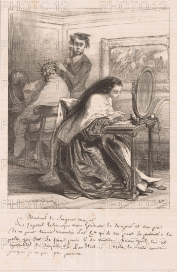 Young woman writing a letter in the hairdressing salon, Monsieur le Sergent major, Letters, La boîte aux lettres, print, Series number, 22, 34, printmaker: Paul Gavarni, printer (person): Aubert & Cie., Paris, 1838, printer (person), paper, lithography, height 362 mm x width 238 mm, Print used for: Le Charivari, October 27, 1838., sitting figure - AA - female human figure, letter, envelope, handwriting, writing as activity, hairdresser, A pencil or charcoal drawing shows an interior scene with three figures. In the foreground a young woman with long dark hair sits at a small dressing table facing a round mirror, leaning forward with her hands on the surface; a robe or dress with detailed folds drapes around her and a pair of shoes lie on the floor beside her. Behind her a seated figure is covered by a cloak or blanket and wears a wreath or crown of foliage on the head, while a standing young man behind that person holds a tool or instrument near the wreath and looks toward the viewer. ...
