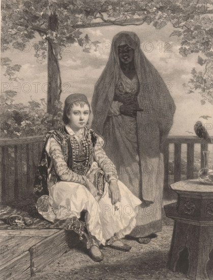 Halil-Bey, fils du Caïmakan de Sinope, Portrait of Halil-Bey in Albanian costume, print, Series number, 131, printmaker: Jules Didier, after painting by Jules Joseph Augustin Laurens, printer (person): Victor Jacques Bertauts, Paris, 1855, printer (person), paper, chine collé, lithography, height 448 mm x width 313 mm, Print used for: Les Artistes Anciens et Modernes, vol. 3, vol. 6, 1855., Person, Halil Serif Pasha, historical persons, folk costume, regional costume, A seated young person wearing an embroidered vest and patterned sleeves looks forward with a neutral expression while holding a small object near their lap, a long skirt draped over their legs and flat shoes on their feet; behind them stands a taller figure mostly covered by a long hooded cloak with visible hands clasped at the waist and a darkly shaded face; they are on a wooden bench or porch with leafy branches overhead and a railing behind them, a small round table with a glass vessel sits to the side, and a perched b...