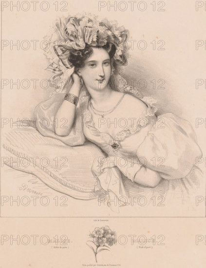 A thousand beauty and malice, Malice. Œillet de poète, Malice. Pink of poet, Language of flowers, Le langage des fleurs, print, printmaker: Achille Devéria, Paris, printer (person): Joseph Rose Lemercier, publisher: Henri Jeannin, publisher: Charles Tilt, London, 1831 - 1832, printer (person), paper, lithography, height 364 mm x width 274 mm, flowers, adolescent, young woman, maiden, Malevolence, Maliciousness, 'Malevolenza', 'Malignità', 'Malvagità' (Ripa), A pencil or charcoal portrait of a reclining woman wearing a voluminous ruffled bonnet and a dress with puffed sleeves and lace trim, she rests her head on one hand and gazes forward with a slight smile, a bracelet and drop earring are visible, delicate necklaces lie at her neckline and a small brooch adorns her bodice, a cushioned surface supports her arm and draped fabric falls around her, below the figure is a botanical drawing of a flowering stem.