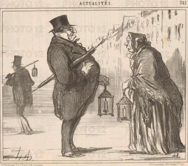 The essential precaution Parisians take when leaving their homes, Monsieur Prudhomme and an old woman with a lantern and umbrella, Current Affairs, cartoon, Series number, 385, printmaker: Honoré Daumier, Paris, printer (person): Destouches, publisher: Martinet, 1857, printer (person), paper, lithography, height 248 mm x width 271 mm, Print used for: Le Charivari, April 10, 1857. Monsieur Prudhomme is an emblematic, caricatural figure in French literature. The stout, not-too-bright, conformist, and sentimental character represents the bourgeois Parisian., caricatures (human types), lantern, A pencil or charcoal drawing shows two central figures facing each other on a street, one a heavyset man wearing a tall hat and long coat with a prominent belly and a hand tucked into his coat, the other an older woman wearing a hooded shawl and long layered garments, hands clasping a small lantern; both hold long poles with lanterns suspended near the ground. A smaller figure in the background walk...