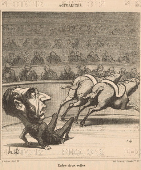 Caricature of the politician Émile Ollivier as a fallen horseman, Entre deux selles, Current affairs, Actualités, cartoon, Series number, 63, printmaker: Honoré Daumier, Paris, printer (person): Destouches, publisher: Arnauld de Vresse, 1869, printer (person), paper, lithography, height 287 mm x width 257 mm, Print used for: Le Charivari, April 15, 1869., Person, Émile Ollivier, historical persons, political caricatures and satires, caricatures (human types), horse-racing, A charcoal or pencil illustration shows a man with exaggerated facial features and glasses sitting on the ground, leaning back on one hand with legs bent and an expression of surprise or alarm, while behind him two saddled horses are shown in motion with visible legs and rounded bodies; behind the scene a curved railing separates the foreground from a tiered audience drawn as soft, indistinct figures seated in rows, and the overall image uses strong shading and sketch-like lines on a light paper background.