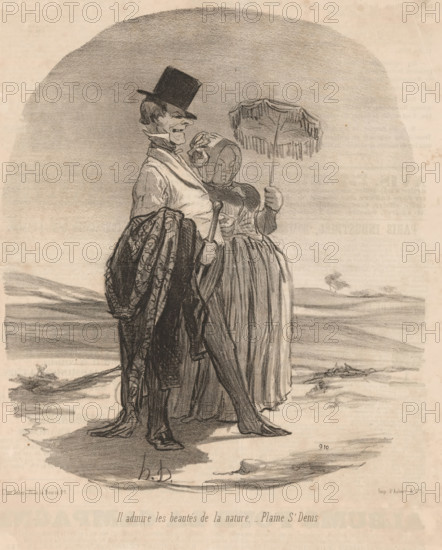 Couple walking in the sun, Il admire les beautés de la nature, Good citizens, Les bons bourgeois, cartoon, Series number, 13, 82, printmaker: Honoré Daumier, Paris, printer (person): Aubert & Cie., 1846, printer (person), paper, lithography, height 347 mm x width 230 mm, Print used for: Le Charivari, 11-09-1846., walking, hiking (recreation), marriage, married couple, 'matrimonium', caricatures (human types), La-Plaine-Saint-Denis, A monochrome drawing of a man and a woman standing together on a landscape. The man wears a tall top hat, a coat with a patterned fabric draped over his arm, a high collar, and boots, and he holds a walking cane. The woman stands close beside him wearing a bonnet and a long dress with a fitted bodice, and she holds a fringed parasol above them. The ground beneath them shows textured shading and distant low hills, with a small tree visible on the horizon. The image has a soft, shaded oval background and visible pencil or charcoal strokes throughout.
