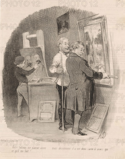 Potential buyer measures painting by artist, Your painting pleases me enough, Good citizens, The good bourgeois, cartoon, Series number, 19, 82, In the background, a boy is defacing a painting by the artist., printmaker: Honoré Daumier, Paris, printer (person): Aubert & Cie., 1846, printer (person), paper, lithography, height 343 mm x width 235 mm, Print used for: Le Charivari, 12-10-1846., picture, painting, patron (or client) visiting the artist, caricatures (human types), measuring, A monochrome drawing shows an interior scene with three people and several framed paintings; a man in a dark coat stands facing a large framed painting leaned against the wall while holding a thin object, his back mostly to the viewer and his facial profile visible, and beside him an older man with a mustache and apron stands holding a long pole and looking toward the painting, while a younger figure at left works on a small easel drawing a portrait; the room contains a cabinet with papers or books on to...
