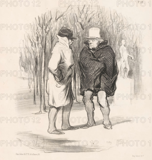 It bites, Mr. Galimard, it bites!, Two men talking about the cold, Desirable and undesirable situations, Everything one wants, cartoon, Series number, 39, 70, printmaker: Honoré Daumier, Paris, printer (person): Aubert & Cie., 1848, printer (person), paper, lithography, height 359 mm x width 275 mm, Print used for: Le Charivari, February 2, 1848., public gardens, park, caricatures (human types), coldness, Two men stand facing each other in a sketch, both wearing coats and hats; one man has a high collar turned up and a dark hat that obscures part of his face, while the other wears a tall hat and a dark cloak draped around his shoulders with his arms crossed; bare-legged lower limbs and simple footwear are visible on both figures. Behind them, loosely drawn vertical lines suggest tall, thin trees or foliage, and to the right a faintly sketched statue of a standing nude figure on a plinth appears amid the background marks. The drawing is rendered in dark pencil or charcoal on a light pap...