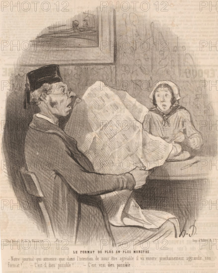 The increasingly monstrous format, Couple with large-format newspaper, Representations of happy moments, The beautiful days of life, cartoon, Series number, 74, 100, The man and woman are amazed by the gigantic format of the newspaper. It has been decided to increase its ease of use., printmaker: Honoré Daumier, Paris, printer (person): Aubert & Cie., 1845, printer (person), paper, lithography, height 298 mm x width 228 mm, Print published in: Le Charivari, 08-10-1845. Le Charivari was a humorous newspaper with caricatures and (political) cartoons., marriage, married couple, 'matrimonium', newspaper, news-sheet, caricatures (human types), A charcoal or pencil drawing shows an older man seated and holding a large folded sheet that obscures much of his body, he wears a dark cap and glasses and his mouth is open in an expression, while across from him a woman wearing a head covering and a shawl looks toward the sheet with a surprised expression and raised hands, a framed rectangular objec...