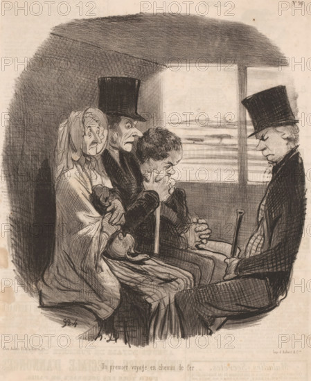 Un premier voyage en chemin de fer, Travelers on their first train journey, Depictions of happy moments, Les beaux jours de la vie, cartoon, Series number, 90, 100, printmaker: Honoré Daumier, Paris, printer (person): Aubert & Cie., 1846, printer (person), paper, lithography, height 345 mm x width 235 mm, Print used for: Le Charivari, 19-07-1846., caricatures (human types), passenger train (four persons or more, traffic and transport), A charcoal drawing of four seated figures inside a compartment with a window behind them, showing a landscape outside. On the left, a woman wearing a bonnet and shawl clutches a bundle and looks forward with a worried expression. Next to her is a man in a tall hat with a long nose and furrowed brow, facing slightly toward the center. In the center a younger figure with curly hair leans forward, hands clasped to the mouth in a tense posture. On the right a man in a coat and top hat sits with head bowed and cane resting between his knees. The interior is s...