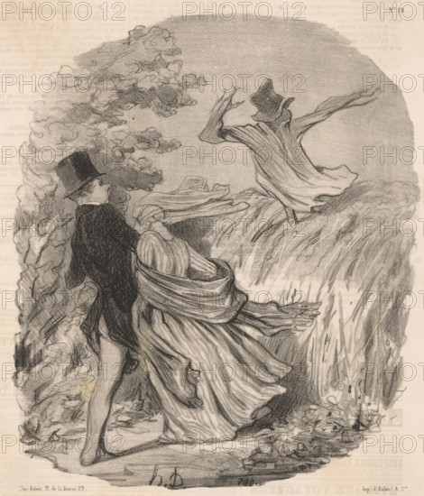 Que nous sommes bêtes d'avoir une peur pareille, Couple by a field with a scarecrow, Countryside scenes, Pastorales, cartoon, Series number, 19, 50, printmaker: Honoré Daumier, Paris, printer (person): Aubert & Cie., publisher: Aubert & Cie., 1845, Honoré Daumier, Aubert & Cie., printmaker, printer (person), publisher, paper, lithography, lithografie, height 319 mm x width 246 mm, Print used for: Le Charivari, 17-08-1845., caricatures (human types), scarecrow, A monochrome drawing shows three figures in flowing garments and hats standing on a grassy, uneven ground with tall grasses and bushes around them, one figure facing away with arms outstretched and a long coat billowing, another wearing a top hat turned slightly to the side, and a third cloaked figure with a wrapped shawl whose drapery sweeps outward; cloudlike foliage and textured strokes fill the background and sky, and the scene is rendered with soft shading and visible pencil or charcoal lines.