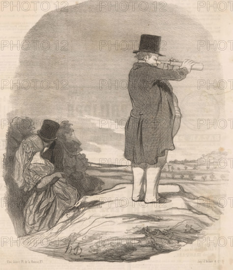 Dis donc ma femme, c'est singulier, Woman lets her husband peer through binoculars, Representations of the countryside, Pastorales, cartoon, Series number, 23, 50, printmaker: Honoré Daumier, Paris, printer (person): Aubert & Cie., publisher: Aubert & Cie., 1845, Honoré Daumier, Aubert & Cie., printmaker, printer (person), publisher, paper, lithography, lithografie, height 314 mm x width 238 mm, Print used for: Le Charivari, 07-10-1845., (lovers) kissing each other, binoculars, spy-glass, caricatures (human types), satire on marriage, A tall man seen from behind stands on a rocky ledge wearing a long dark coat and a tall hat while holding a cylindrical object to his eye, his legs and shoes visible beneath the coat; to his left a group of seated figures bundled in layered clothing and hats look toward him, their faces partially in profile and shadow; the scene is rendered in soft pencil or charcoal tones with textured shading suggesting a cloudy sky and rocky foreground.
