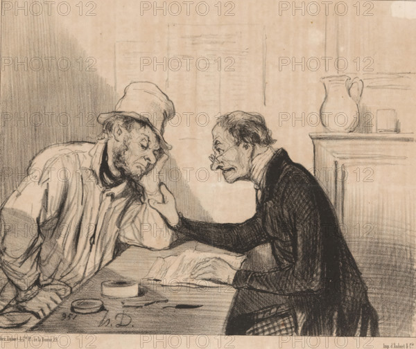 Plaidez, Businessman urges farmer to sue his neighbor, Legal world, People of justice, cartoon, Series number, 29, 39, printmaker: Honoré Daumier, Paris, printer (person): Aubert & Cie., 1846, printer (person), paper, lithography, height 244 mm x width 346 mm, Print used for: Le Charivari, 18-11-1846., caricatures (human types), law and jurisprudence, Recommendation, Inducement, Incitement, A charcoal drawing shows two men facing each other across a table. One man wears a floppy hat and loose shirt, resting his head on his hand with a weary expression. The other man, wearing a dark coat and spectacles, leans forward with one hand touching the seated man’s face and the other hand placed on an open book on the table. On the table are small round containers and scattered papers. In the background a pitcher sits on a mantel or shelf against a plain wall.