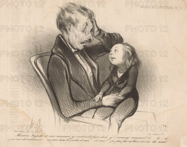 Child reveals his mother's secrets to his father, Facial expressions, Croquis d'expressions, cartoon, Series number, 17, 100, printmaker: Honoré Daumier, printer (person): Aubert & Cie., Paris, 1838, printer (person), paper, lithography, letterpress printing, lithography with text in letterpress on verso, height 248 mm x width 350 mm, A charcoal drawing shows an adult seated in a chair holding a small child on their lap; the adult has short, tousled hair, round glasses, an open mouth, and a hand pressed to the side of their head, while the child looks up with rounded cheeks and slightly parted lips, one hand resting on the adult's hand and the other near their own body; both wear dark, textured clothing, and the chair has a curved back; the background is a softly shaded, lightly textured paper with faint spots and uneven edges.