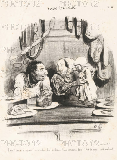 Butcher with his wife and small son, Hein! Comme il regarde les cervelas, Family situations, Moeurs conjugales, cartoon, Series number, 51, 60, printmaker: Honoré Daumier, Paris, printer (person): Aubert & Cie., publisher: Bauger, 1842, printer (person), paper, lithography, height 337 mm x width 253 mm, Print used for: Le Charivari, May 8, 1842., butcher, slaughterman, caricatures (human types), parents with their children, male infant, A charcoal-style drawing of an interior scene showing three figures behind a counter with hanging sausages and cured meats above them; an older man on the left leans forward with an animated expression and a loose shirt and apron, a woman in the center wearing a headscarf and patterned sleeves looks toward a small child on the right who is dressed in a long garment and bonnet and is being held up by the woman's hands; on the counter in front of them are plates with round food items and a loaf of bread, and the background includes shaded wall panels and ...