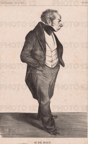 Mr. de Rign, Caricature by Henri de Rigny, cartoon, print, stamp: 'L'anno ...', printmaker: Honoré Daumier, printer (person): Becquet, Paris, publisher: Aubert & Cie., 1833, Honoré Daumier, Becquet, Aubert & Cie., printmaker, printer (person), publisher, paper, lithography, height 331 mm x width 226 mm, Print published in: La Caricature, November 21, no. 159, pl. 333., Person, Henri de Rigny, historical persons, political caricatures and satires, caricatures (human types), A charcoal-style profile drawing of a man standing and facing to the right, shown from head to toe, wearing a dark overcoat with broad lapels over a lighter waistcoat and dark trousers, his hands tucked into his coat pockets and one foot slightly forward, with short curly hair, pronounced facial features, and a high collar framing his neck, rendered on a textured, lightly speckled paper background with a shadow cast on the ground beneath him.