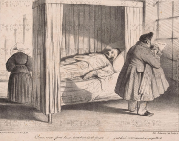 Caricature of Louis Philippe I, King of France as reporter, Black eyes, high face, you will be recognized, cartoon, print, A reporter, recognizable by his posture and umbrella as King Louis Philippe I of France, records the description of a wounded man who ended up in the hospital after one of the bloody riots of 1834., printmaker: Honoré Daumier, printer (person): Nicolas Louis Delaunois, Paris, publisher: Aubert & Cie., 1834, printer (person), paper, lithography, height 222 mm x width 280 mm, Print published in: La Caricature, 29-05-1834, no. 186, pl. 391., Person, Louis Philippe I (King of France), visiting the sick in hospital, political caricatures and satires, after the street fight, A charcoal or pencil drawing shows a curtained bed with a person lying under a blanket, head on a pillow and eyes closed, an arm resting outside the covers; beside the bed a bearded man in a coat and hat stands facing a window while holding and looking at a sheet of paper; at the far left a figure we...