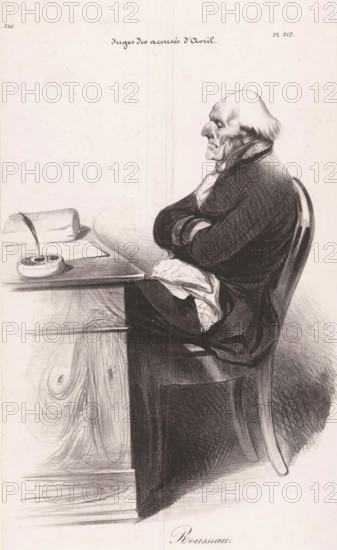 Caricature of Jean-Joseph Rousseau, Rousseau, Judges of the Accused of April, Juges des accusés d'Avril, print, printmaker: Honoré Daumier, 1835, Honoré Daumier, printmaker, paper, lithography, lithografie, height 369 mm x width 201 mm, A seated older man is shown in profile facing left with folded arms and a high-collared coat, his face rendered with deep lines and a prominent nose and chin, his hair thin and swept back. He sits on a curved wooden chair next to a desk surface that holds a round inkwell with a quill and a rolled bundle resting on the tabletop. The drawing uses shaded charcoal or pencil strokes with detailed cross-hatching on the man's clothing and softer shading on the desk and background. The desk front shows woodgrain texture and swirling patterns, and a folded cloth drapes over the man's lap. The overall image is monochrome with strong contrasts between light and dark areas.