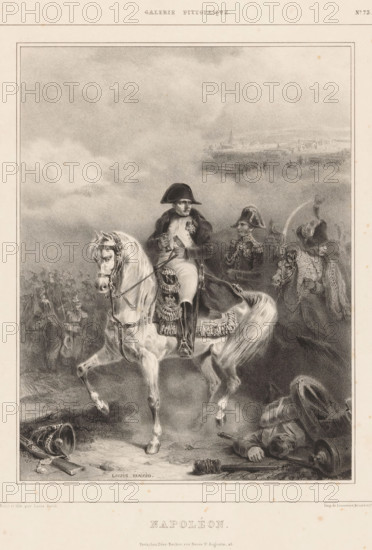 Napoleon Bonaparte I on horseback on the battlefield, Napoléon, Picturesque scenes, Galerie pittoresque, print, Series number, 73, printmaker: Jacques-Louis David, Paris, printer (person):, publisher: Déro-Becker, 1853, printer (person), paper, lithography, height 350 mm x width 268 mm, Person, Napoleon I (Emperor of the French), historical persons, battle (cavalry, horsemen), equestrian state-portrait, A monochrome lithograph showing a man in a bicorne hat and military uniform seated astride a rearing white horse, the horse richly saddled and caparisoned, with the rider holding the reins and looking slightly to one side; two other uniformed figures stand nearby, one wearing an elaborate helmet and the other raising a curved saber, both with detailed epaulettes and decorations; in the foreground a fallen soldier lies on the ground beside discarded equipment including a broken wheel and scattered gear; a distant mass of troops and faint architectural silhouettes appear through a misty, ...