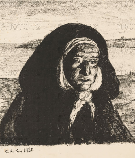 Breton old woman with hood, print, number: 'R.13', printmaker: Charles Cottet, c. 1895 - c. 1914, paper, chalk lithograph, height 322 mm x width 247 mm, old woman, head-gear: cap, Brittany, A monochrome ink or charcoal portrait of an older person wearing a dark hooded cloak and a light headscarf, showing a weathered face with deep lines, heavy-lidded eyes, a prominent nose, and a downturned mouth; the figure fills the foreground with the dark cloak creating a large rounded shape, while a sparsely textured seascape and distant shoreline appear in the pale background.