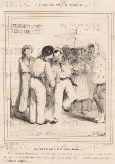 A dance lesson and manners, Caricature of three French sailors giving a dance lesson, Anecdotes from the Marquesas Islands, Civilization on the Marquesas Islands, cartoon, Series number, 2, 22, The sailors give a dance lesson to a group of female inhabitants of the Marquesas Islands, who are dressed in Parisian fashion. They want to teach them various French dance forms, such as the cancan and the chaloupe orageuse., number: '17', printmaker: Edouard de Beaumont, printer (person): Aubert & Cie., Paris, publisher: Pannier & Cie., 1843, printer (person), paper, lithography, letterpress printing, lithography with text in letterpress on recto and verso, height 363 mm x width 240 mm, The print from: Le Charivari, 1843. The printmaker of the series mocks the original inhabitants of the Marquesas archipelago and the French colonial rulers., dancing, colonial system, Australian and Oceanian races (caricatured), training, ballet, French Polynesia, Marquesas Archipelago, A group of people stand ...