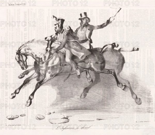 Horseback infantry, Caricature of mounted infantry, Comic events from everyday life, Comic gallery, cartoon, Series number, 63, A soldier on horseback is driven forward by a rider with a whip., annotation: '196', stamp: 'Timbre Royal Seine 3 c.', printmaker: Victor Adam, France, printer (person): Aubert & Junca, Paris, publisher: Aubert & Cie., 1837-09-21, printer (person), paper, lithography, letterpress printing, lithography with text in letterpress on verso, height 241 mm x width 355 mm, A grayscale drawing of two men riding a rearing horse, one man seated in front wearing a tall helmet with a plume and military-style clothing, the other behind him wearing a top hat and coat while holding a riding crop raised behind them; the horse is shown in dynamic motion with flared nostrils, visible bridle and saddle, and legs extended; beneath the horse are several circular brushstroke shapes suggesting splashes, and faint printed text fills the background like a newspaper texture.