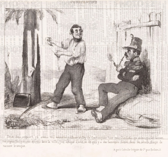 Two soldiers have a chat., Constantine, cartoon, A French soldier has a chat with his sergeant while polishing his uniform, just before the French army enters the city of Constantine in Algeria. He looks forward to the harem ladies., inscription: 'Tell me, sergeant? Did you dry his pail on the Day of Constantine? A real Chackuka that they have made dance there. This is the story of the people in the ville, and this is the story of the famous ladies in the sea, which is the result of the sesque.', annotation: '201', stamp: 'Timbre Royal Seine 3 c.', printmaker: Victor Adam (possibly), France, printer (person): Caboche & Cie., Grégoire, Paris, 1837-11-06, printer (person), paper, lithography, letterpress printing, lithography with letterpress text on verso, height 238 mm x width 356 mm, A black and white drawing shows two men in a rustic outdoor scene; one man stands holding a long curved object and looking toward the other, wearing rolled sleeves, trousers, and flat shoes, with a short ...