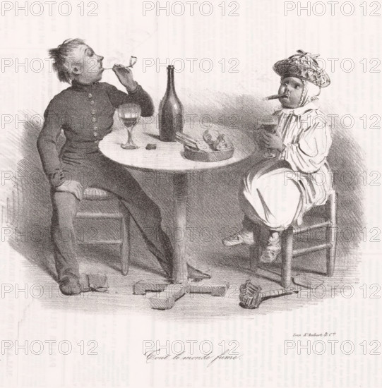 Tout le monde fume, Twee rokende kinderen, cartoon, Een pijprokend en een sigaarrokend kind, beide met een glas wijn., annotation: '290', printmaker: Victor Adam (possibly), France, printer (person): Aubert & Cie., Paris, 1838-10-10, printer (person), paper, lithography, letterpress printing, lithography with text in letterpress on verso, height 238 mm x width 356 mm, A monochrome drawing shows two seated children at a round table with a tall bottle and two stemmed glasses on it, one child on the left wearing a buttoned jacket and leaning back while holding a pipe to their mouth, the other child on the right wearing a patterned cap and loose clothing, holding a glass and with a cigar in their mouth; a small dish with food sits on the table, broken pieces and a pipe lie on the floor, and both children sit on simple wooden chairs.