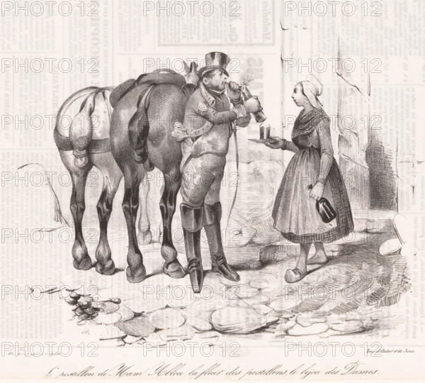 Mam's Postman Ablou, the flower of postmen, the jewel of ladies., Courier lights his pipe next to a horse, Comic events from everyday life, Comic gallery, cartoon, Series number, 68, A postman lights his pipe, while a peasant woman offers him wine., stamp: 'Timbre Royal Seine 3 c.', annotation: '225', printmaker: Victor Adam, France, printer (person): Aubert & Junca, Paris, publisher: Aubert & Cie., 1837-10-14, Victor Adam, Aubert & Junca, Aubert & Cie., printmaker, printer (person), publisher, paper, lithography, letterpress printing, lithography with text in letterpress on verso, height 242 mm x width 359 mm, A black and white drawing shows a man standing beside a loaded horse and facing a woman; the man wears a tall hat, a coat with visible buttons and patches, fitted trousers, and boots, and he is holding a bottle to his mouth while breathing out smoke; the horse is seen from the rear with saddlebags and a tail, its legs and hooves detailed; the woman wears a headscarf, a shawl ove...