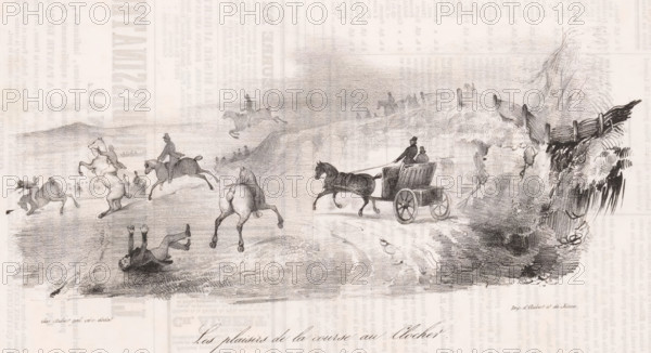 The fun of the horse race, Horse race in the field, Comic events from everyday life, Comic gallery, cartoon, Series number, 67, Various riders participate in a horse race in the open field, in which one has fallen., stamp: 'Timbre Royal Seine 3 c.', annotation: '227', printmaker: Victor Adam, France, printer (person): Aubert & Junca, Paris, publisher: Aubert & Cie., 1837-10-11, printer (person), paper, lithography, letterpress printing, lithography with text in letterpress on verso, height 235 mm x width 349 mm, A wide, sepia-toned engraving shows a rural scene with several horses and riders moving across uneven ground; some horses are rearing or leaping while riders appear perched or falling, and one rider is depicted on the ground with arms raised. Toward the right, a horse pulls a small two-wheeled carriage with two seated figures, one holding the reins. The landscape includes rolling hills, a distant fence line with figures beyond it, and a cluster of trees and brush on the far rig...