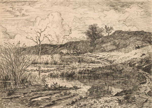 Ox cart by the bank of a pool, print, printmaker: Hector Allemand, France, 1854, paper, etching, drypoint, intaglio printmaking technique, drypoint and plate tone, height 178 mm x width 248 mm, In the literature this print is referred to as 'Le Chariot près de l'étang'., (farm) wagon, freight wagon, cart, pond, pool, ox, A detailed monochrome landscape sketch shows a marshy foreground with clusters of tall grasses and reeds at the water’s edge, reflected ripples and small plants floating on the water surface, and uneven muddy ground leading back toward a grassy path; midground features a thin bare-branched tree and a denser leafy tree near a low ridgeline, with a simple two-wheeled cart and an animal standing beside it on the path; background contains softly rendered clouds and crosshatched sky above rolling hills and textured vegetation, all depicted with fine linear etching marks.
