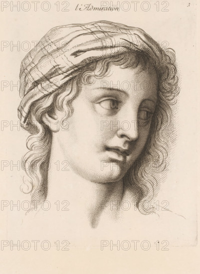 Admiration, L'admiration, print, book illustration, Series number, 3, 20, printmaker: Jean Audran, Paris, after drawing by Charles Le Brun, publisher: Jean Audran, grantor of privilege: Louis XV of France, 1727, Jean Audran, Charles Le Brun, Louis XV of France, printmaker, after drawing by, publisher, grantor of privilege, paper, etching, intaglio printmaking technique, height 253 mm x width 194 mm, A close-up ink drawing of a young person’s face turned slightly to the side, showing detailed crosshatching and fine linework; they wear a loosely draped cloth over the top of the head with visible folds and linear patterns, and curly hair peeks out around the forehead, temple, and neck; the eyes are large with detailed irises and lashes, the nose is straight and shaded with fine lines, and the lips are softly defined; the neck shows subtle shading and the background is a plain light tone.