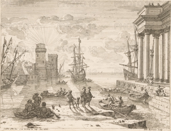 View of a harbour, print, printmaker: Dominique Barrière, Rome, after design by Claude Lorrain, 1660, unknown, grantor of privilege, paper, etching, height 198 mm x width 259 mm, harbour, military clothing and other equipment (uniforms, cap, armor, helmet, etc.), A detailed seaside scene rendered in fine line work shows a harbor with multiple sailing ships at anchor and smaller rowboats on calm water, a tall round stone tower and a square fortified tower on a jetty, clouds and radiating lines in the sky behind the towers, groups of people on the shore and in boats engaging in various activities, a pillared classical building with ornate capitals on the right and figures standing on its steps and rooftop, ropes and masts from docked ships, piled cargo and barrels near the water, stone quay walls with carved faces, and distant shoreline structures and small boats on the horizon.