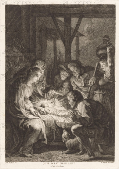 Adoration of the shepherds, Quel eclat brillant?, print, printmaker: Pierre François Basan, France, after design by Peter Paul Rubens, Paris, 1733 - 1797, paper, engraving, intaglio printmaking technique, height 302 mm x width 213 mm, adoration of the Christ-child by the shepherds, Mary and Joseph present, dog, A monochrome scene shows a group of people gathered around an infant lying on draped cloth, light rays appearing to emanate from the baby. A woman sits close, leaning toward the child with hands near the cloth, while an older bearded man and other figures bend or kneel in reverent postures around the bed. A man in the foreground kneels with hands clasped near the infant and a dog sits beside him looking up. A figure at the right carries a large vessel on the head and holds a staff, and other people stand or lean in the background beneath wooden beams and a thatched roof, with textured shading filling the surrounding space.