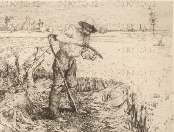 Mowers in the field, print, Top right numbered 1., watermark, printmaker: Jules Bastien-Lepage, France, 1858 - 1884, paper, etching, drypoint, intaglio printmaking technique, height 196 mm x width 259 mm, reaping, picking, mowing, harvest, agricultural implements: scythe, sharpening, grinding (industrial processes), A monochrome line drawing shows two men working in a field, one standing in the foreground wearing a hat and holding a long curved tool while gripping a small object, the other bent over with hands near the ground. The scene includes bundles of cut stalks scattered around and a shallow trench or furrow beneath the figures. In the background there is a flat landscape with distant trees and isolated small bushes, and a tall, thin tree near the right edge of the image. The sky is filled with fine horizontal lines and the overall image has a sketch-like, etched texture.
