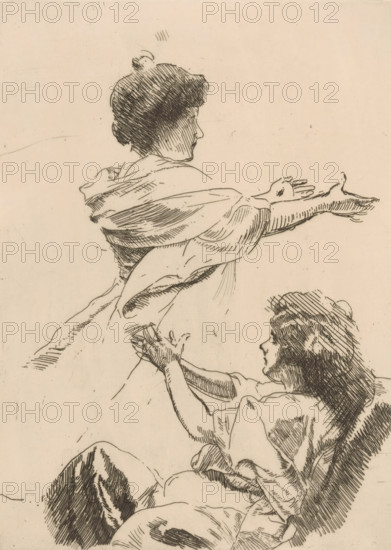 Study of two female figures with outstretched arms, print, Study for the painting L'ile heureuse., watermark, printmaker: Albert Besnard, France, in or before 1900, Albert Besnard, printmaker, paper, etching, drypoint, intaglio printmaking technique, height 272 mm x width 201 mm, adult woman, A sketch in sepia tones shows two women rendered in fine hatched lines; the upper woman is shown in profile with short hair pulled into a small bun and draped in a flowing garment with an outstretched arm and open hand, while the lower woman looks upward with long hair, her hands raised as if reaching, and folds of fabric and shaded contours define their clothing and limbs against a plain background.