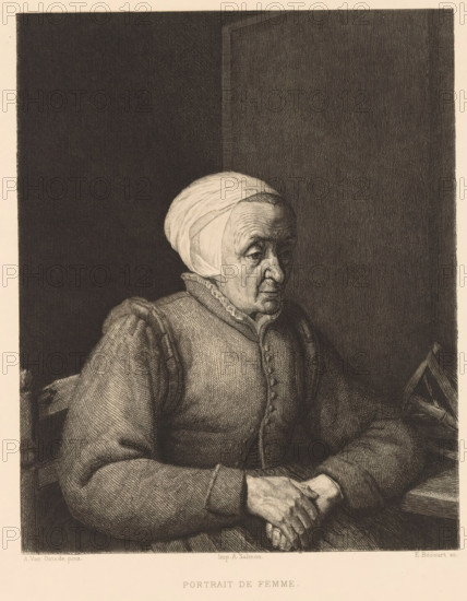 Portrait of an old woman, print, printmaker: Etienne Gabriel Bocourt, France, after painting by Adriaen van Ostade, printer (person): Alfred Salmon, Paris, 1863 - 1882, printer (person), paper, etching, drypoint, intaglio printmaking technique, height 253 mm x width 203 mm, historical persons, old woman, A monochrome engraving of an older woman seated in three-quarter profile, wearing a close-fitting cap and a high-collared garment with buttoned front and puffed sleeves, her hands folded in her lap, her face showing detailed lines and a composed expression, set against a dark, heavily hatched background with a lighter vertical panel behind her.