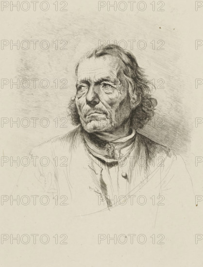 Portrait of an unknown man, print, printmaker: Jean Jacques de Boissieu, France, 1770, paper, chine collé, etching, etching on chine collé, height 238 mm x width 181 mm, old man, historical persons (portraits and scenes from the life), A detailed black and white pen or etching portrait of an older man shown from the shoulders up, facing slightly to the viewer's left, with a lined forehead, deep-set eyes looking into the distance, pronounced cheekbones, a downturned mouth, and textured skin. His hair is shoulder-length, wavy, and darker around the sides with a receding top, and he has sideburns blending into the hair. He wears a high-collared shirt with visible folds and a jacket over it, rendered with fine crosshatching and varied line density; the background consists of shaded, parallel etching lines that create a subtle halo around the head. The lower portion of the page is mostly blank with faint sketch lines and paper texture visible.