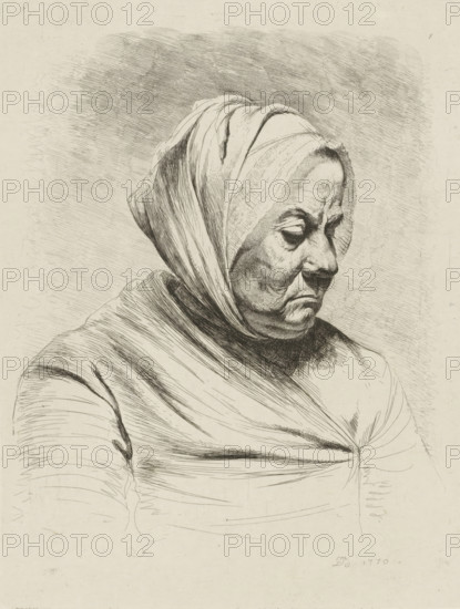 Old woman in profile, print, printmaker: Jean Jacques de Boissieu, France, 1770, paper, chine collé, etching, stipple work, etching and stipple work on chine collé, height 239 mm x width 180 mm, old woman, historical persons (portraits and scenes from the life), A detailed ink drawing of an older person in three-quarter profile facing right, wearing a headscarf that wraps around the head and neck and drapes over the shoulders, with deep etched lines and shading defining facial wrinkles, a downturned mouth, prominent nose, and heavy eyelids; the clothing shows flowing folds and crosshatching, and the background is filled with fine, textured hatch marks.