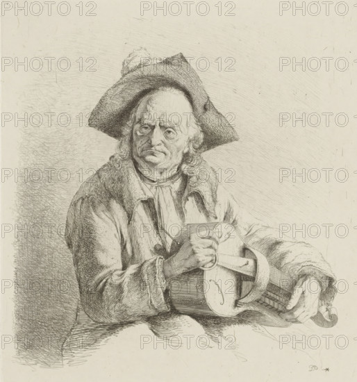 Man playing a lyre, print, printmaker: Jean Jacques de Boissieu, France, 1771, paper, chine collé, etching, etching on chine collé, height 203 mm x width 188 mm, hurdy-gurdy player, A detailed black and white pen drawing of an older person seated and holding a stringed instrument, wearing a wide-brimmed hat with a small plume and a heavy coat with a textured collar, the face showing pronounced lines and a solemn expression, curly hair visible at the sides, one hand gripping the instrument's neck while the other rests on its body, the background filled with fine cross-hatched lines and shading.