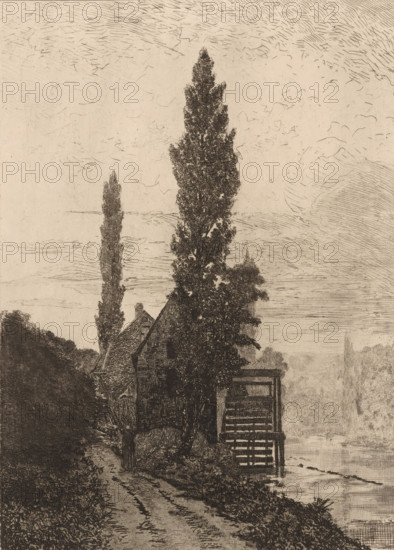 House along a river and a sandy path, print, printmaker: Léon Boudot (possibly), 1851 - 1930, paper, etching, roulette, intaglio printmaking technique, height 280 mm x width 199 mm, cottage, road, path, river, A monochrome etching showing a riverside scene with tall, narrow trees rising beside a steep-roofed house partially obscured by foliage, a dirt path curving past dense shrubbery toward the foreground, wooden steps leading down to the water, and a calm stretch of river with distant, faint shoreline features under a sky filled with fine, horizontal and curved hatch marks.