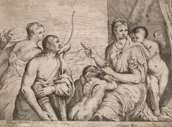 Venus blindfolding Cupid, print, printmaker: Louis de Boullogne (I), Rome, after design by Titian, 1619 - 1674, paper, etching, stippelwerk, intaglio printmaking technique, height 185 mm x width 253 mm, Venus and Cupid (Cupid not being mere attribute), blindfold, A detailed etching shows a group of figures arranged closely together against a lightly shaded sky and a textured draped backdrop. A seated woman on the right wears a loose garment with folds and a small crown or headpiece, holding a slender object between her fingers while looking slightly left. A winged child stands behind her, leaning forward with one arm touching her shoulder. In front of the seated woman a reclining male figure rests his head on folded arms, his back exposed and hair short. To the left a bare-chested man with long hair and a cloth draped around his waist and shoulder looks toward the woman, his hands positioned near his midsection. Behind him another partially draped figure looks outward, and a bow with a...