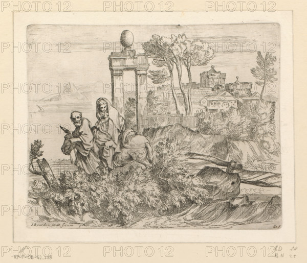 Flight into Egypt, Scenes from the Flight into Egypt, print, number: '1628', inscription: 'de vluchtt van egipten door bourdon, no 45', printmaker: Sébastien Bourdon, 1626 - 1671, unknown, grantor of privilege, paper, etching, intaglio printmaking technique, height 181 mm x width 226 mm, Part of a series of six prints with scenes from the Flight into Egypt., the flight into Egypt: Mary, Joseph, the child (and sometimes others) on their way, Mary usually riding on an ass, A detailed black and white etching shows two robed figures standing on a rocky foreground with dense low bushes and a fallen tree trunk, one figure carrying a small child and the other holding a staff and wearing a hood, an animal with rounded back is positioned near them. Behind the figures are classical architectural elements including a tall columned gateway topped with a spherical ornament and a distant walled settlement with towers and clustered roofs. Slender trees with textured foliage rise beside the buildings,...