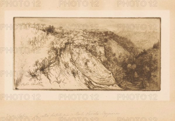 Valley near Monte Oliveto Maggiore, Impressions d'Italie, print, printmaker: Edgar Chahine, publisher: Edmond Sagot, 1906, Edgar Chahine, Edmond Sagot, printmaker, publisher, paper, etching, intaglio printmaking technique, drypoint, drypoint and plate tone in brown, height 104 mm x width 211 mm, Part of a series titled: 'Impressions d'Italie', consisting of fifty plates and a title print with various views of Italy., dale, valley, Monte Oliveto Maggiore, A sepia-toned etching of a rugged cliff edge with sparse grasses and low shrubs growing along the top and down the sloping rock face, the foreground showing detailed line work of windblown vegetation and textured rock layers, the middle ground revealing a steep descent into a densely etched valley filled with darker, leafy trees and tangled undergrowth, and the distant horizon rendered with softer, faint lines and a pale sky; the image is bordered by a rectangular frame and mounted on a lighter margin of paper.