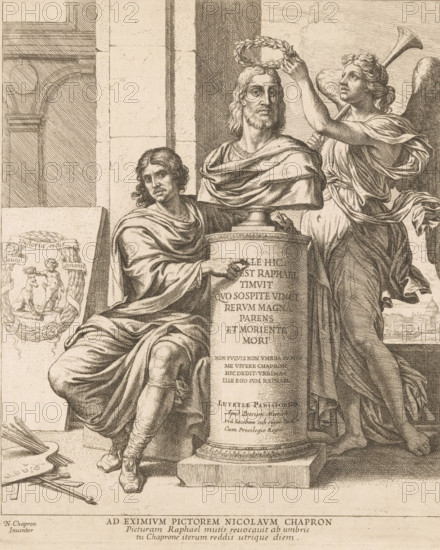 Title print with Nicolas Chaperon, seated next to a bust of Raphael laureated by fame, Sacrae Historiae Acta a Raphael Urbin in Vaticanis xystis ad picturae miraculum expressa, Raphael Bible, print, title print, printmaker: Nicolas Chaperon, France, publisher: Pierre Mariette (I), Paris, grantor of privilege: Louis XIV (king of France), dedicated to: Raphael, 1649, Louis the title print for Sacrae Historiae Acta a Raphael Urbin in Vaticanis xystis ad picturae miraculum expressa, also known as the Raphael Bible. The series consists of 54 plates, two of which are title prints: the first dedicated to Raphael, the second to Renard. The remaining 52 plates depict compositions by Raphael based on paintings in Raphael's Loggia in the Vatican. The series was published in 1649 by Pierre Mariette in Paris. Person, Raphael, portrait, self-portrait of artist, Fama as Roman personification, crowning with laurel, A sepia-toned engraving shows three central figures in classical drapery arranged aroun...