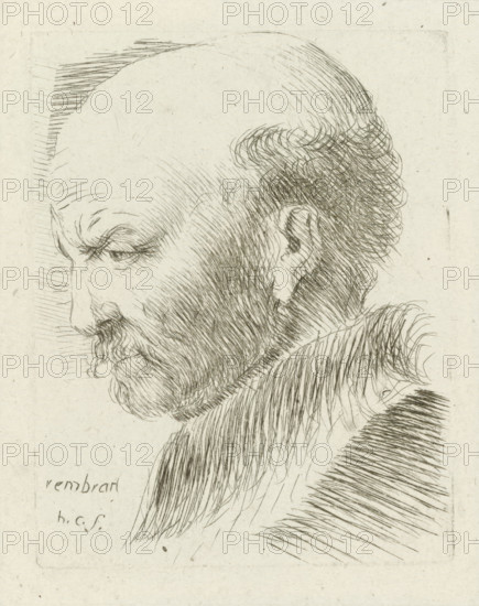 Head of an old man bald on top and in profile, print, printmaker: Honoré Coussin, France, after design by Rembrandt van Rijn, 1708 - 1779, paper, etching, height 95 mm x width 74 mm, old man, baldness, moustache, A detailed pen-and-ink profile of a balding man shown from the shoulders up, with a high forehead, closed eyes, a pronounced nose, a full beard and mustache rendered with short, directional strokes, and a textured ear. The hair at the back and sides of his head is depicted with looping, cross-hatched lines, and similar fine lines create shading across his face and neck. The garment around his shoulders appears furred or heavily textured with long, parallel strokes. The background is plain with faint rectangular border lines and a few scattered tiny marks on the paper.