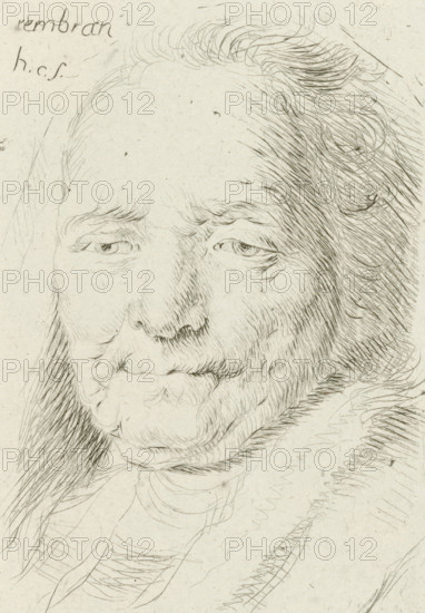 Portrait bust of Rembrandt's mother, print, printmaker: Honoré Coussin, Paris, after design by Rembrandt van Rijn, 1708 - 1779, Honoré Coussin, Rembrandt van Rijn, printmaker, after design by, paper, etching, height 116 mm x width 81 mm, Person, Neeltje Willemsdr. Zuytbrouck, historical persons, adult woman, A close-up pen-and-ink portrait of an older man showing his head and upper chest, with fine, sketchy lines forming his receding hairline, tousled hair, and a short beard and mustache; his downcast eyes have detailed eyelids and creases, and his brow and cheeks show soft, lined textures; the nose and mouth are rendered with delicate crosshatching and contour strokes, and the collar and shoulder area have loose, flowing lines suggesting clothing and fabric.
