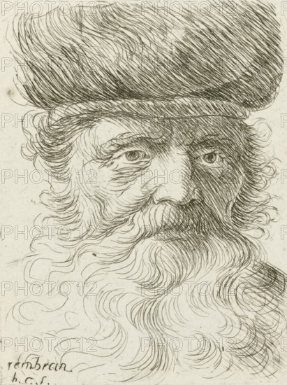Head of an old man with a beard, print, printmaker: Honoré Coussin, France, after design by Rembrandt van Rijn, 1708 - 1779, paper, etching, height 96 mm x width 73 mm, old man, beard, A close-up ink drawing of an older man wearing a tall, rounded hat, showing his eyes, nose, and flowing beard and hair rendered in fine, curved hatch marks and swirling lines; one side of his face is heavily shaded while the other has lighter, delicate strokes, and his hair and beard consist of long, wavy, ribbon-like curls extending down the page.