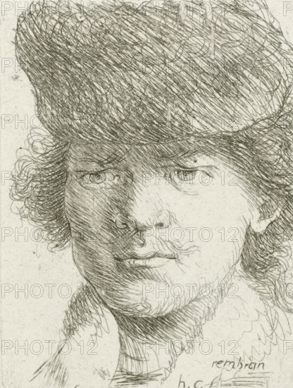 Portrait of Rembrandt with high hat, print, printmaker: Honoré Coussin, France, after design by Rembrandt van Rijn, 1708 - 1779, paper, etching, height 90 mm x width 68 mm, Person, historical persons, portrait, self-portrait of artist, head-gear: cap (men's clothes), A close-up pen or ink sketch of a person's face wearing a textured hat, showing detailed crosshatched shading and curly hair at the sides, with visible eyes, nose, mustache, and slightly parted lips, and layered lines indicating facial contours and shadows.
